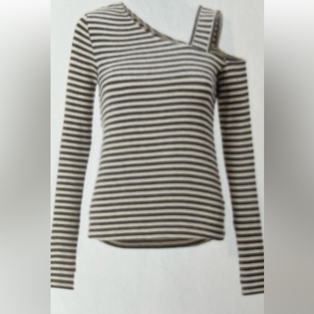CAbi Dare Tee Black and Beige Striped Long Sleeve Top